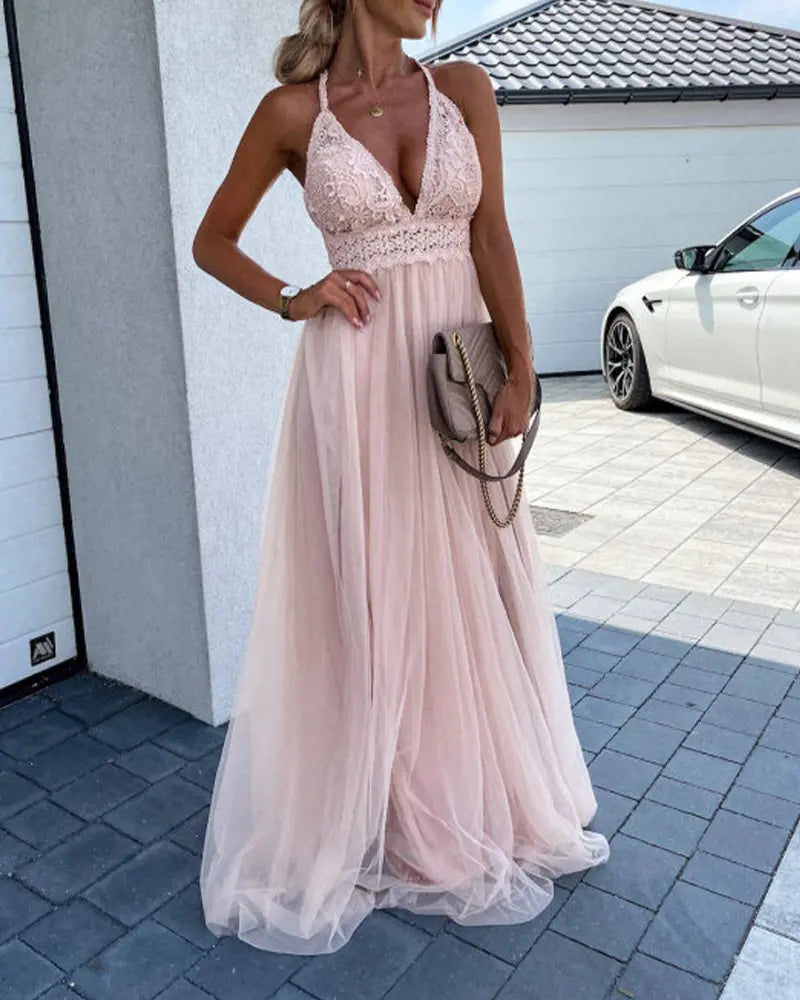 Halter Backless Crochet Lace Mesh Prom Dress
