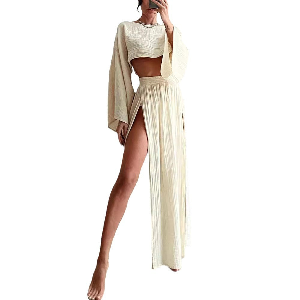 2024 casual vacation linen blend short top high waist chic slit cotton and linen casual two-piece set3