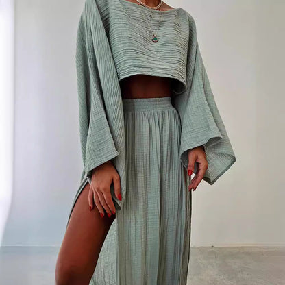 2024 casual vacation linen blend short top high waist chic slit cotton and linen casual two-piece set3