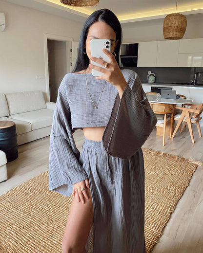 2024 casual vacation linen blend short top high waist chic slit cotton and linen casual two-piece set3