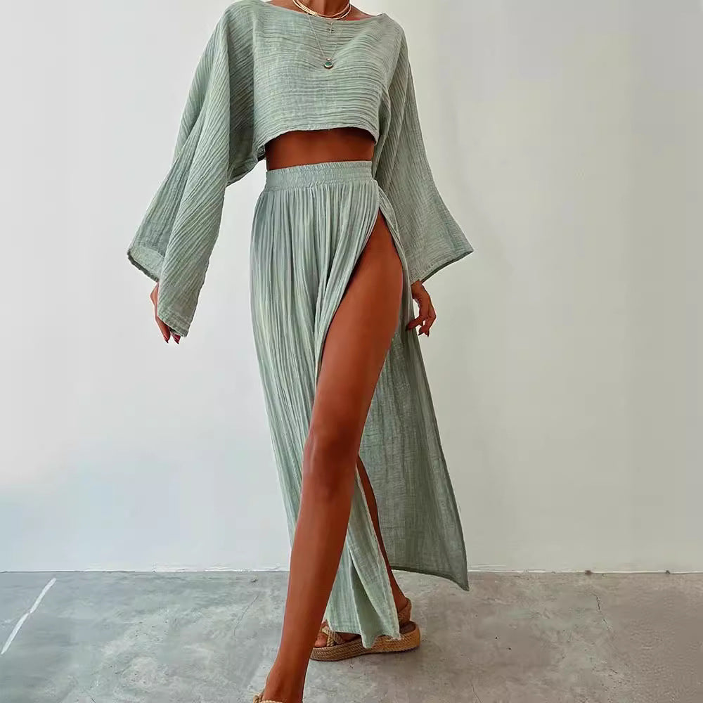 2024 casual vacation linen blend short top high waist chic slit cotton and linen casual two-piece set3