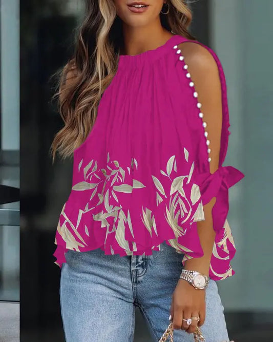 Plants Print Beaded Decor Split Sleeve Top