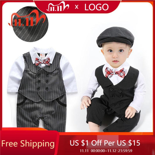 跨境工厂ins爆款童装婴儿连体衣秋季爬服绅士蝴蝶结宝宝哈衣帽子