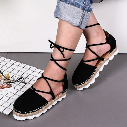 wish新款速卖通亚马逊凉鞋布鞋外贸交叉绑带平跟厚底麻绳女鞋