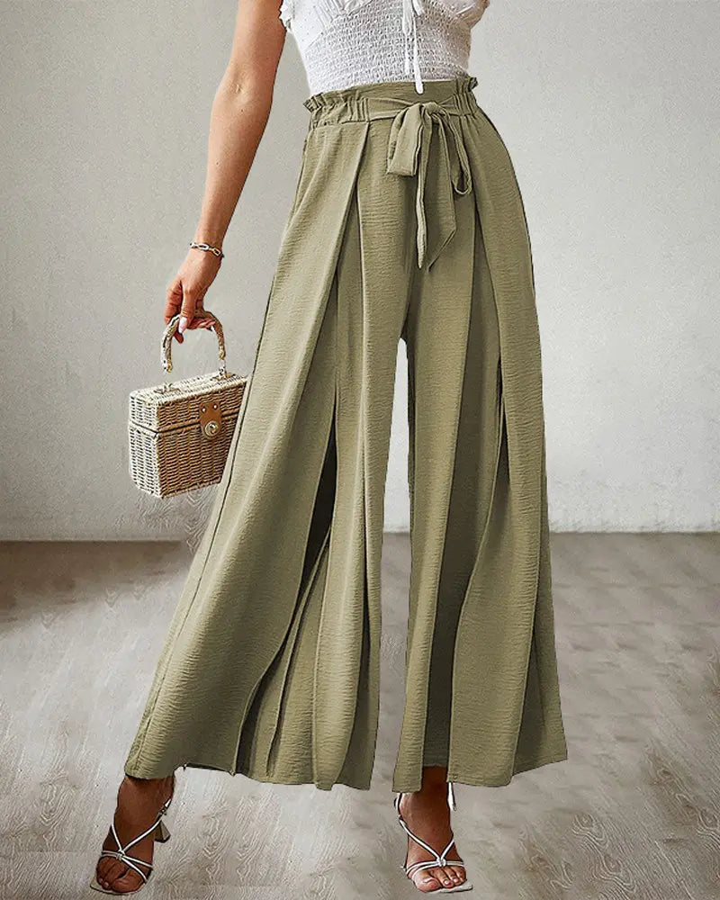 NEW Tie Front Pleated Design Wide Leg Pants