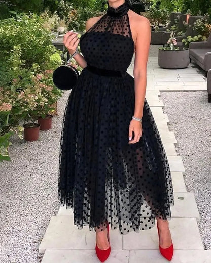Halter Backless Dot Mesh Prom Dress