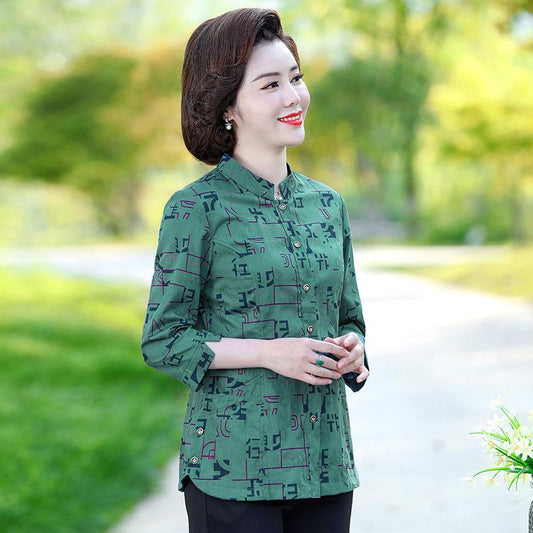 中老年夏装女七分袖衬衫大码全棉老年人民族风中袖衬衣印花妈妈装