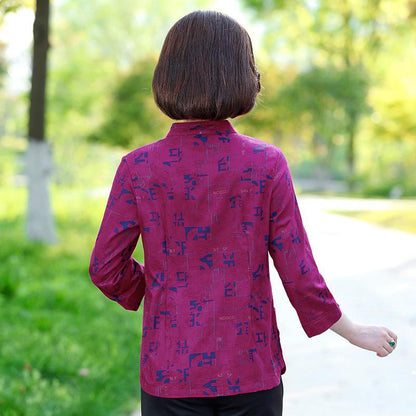 中老年夏装女七分袖衬衫大码全棉老年人民族风中袖衬衣印花妈妈装