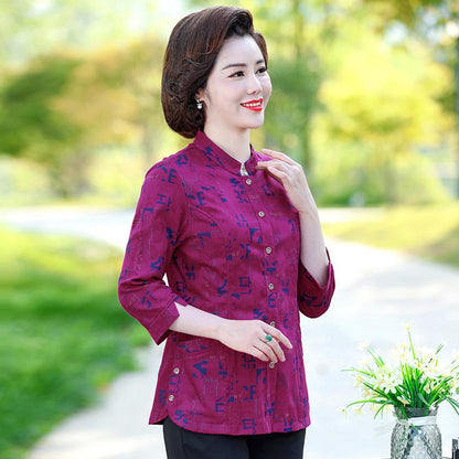 中老年夏装女七分袖衬衫大码全棉老年人民族风中袖衬衣印花妈妈装