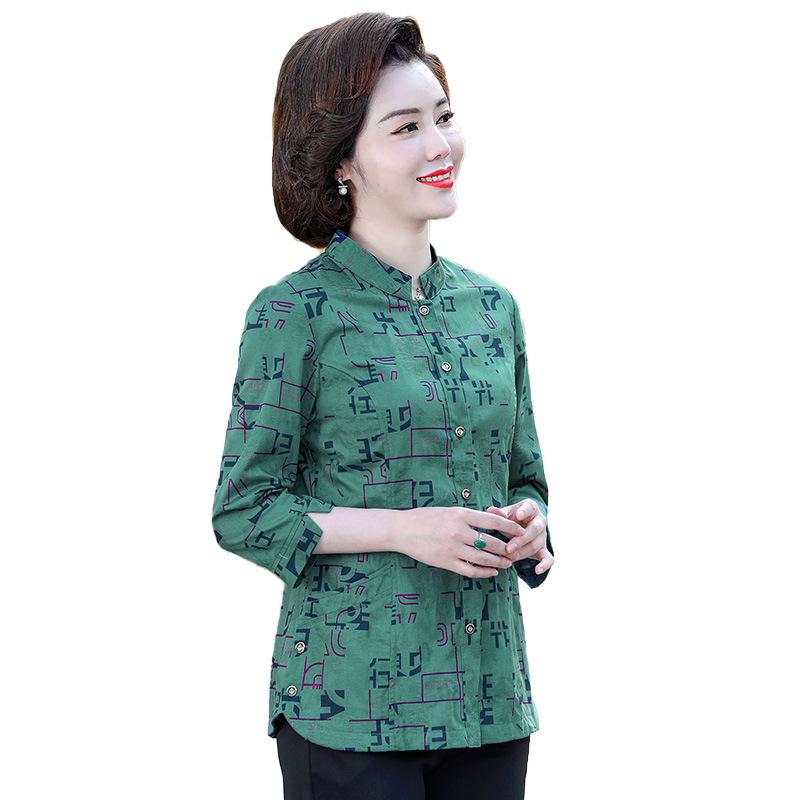 中老年夏装女七分袖衬衫大码全棉老年人民族风中袖衬衣印花妈妈装