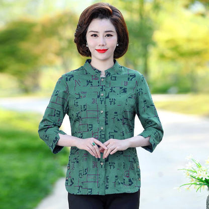 中老年夏装女七分袖衬衫大码全棉老年人民族风中袖衬衣印花妈妈装