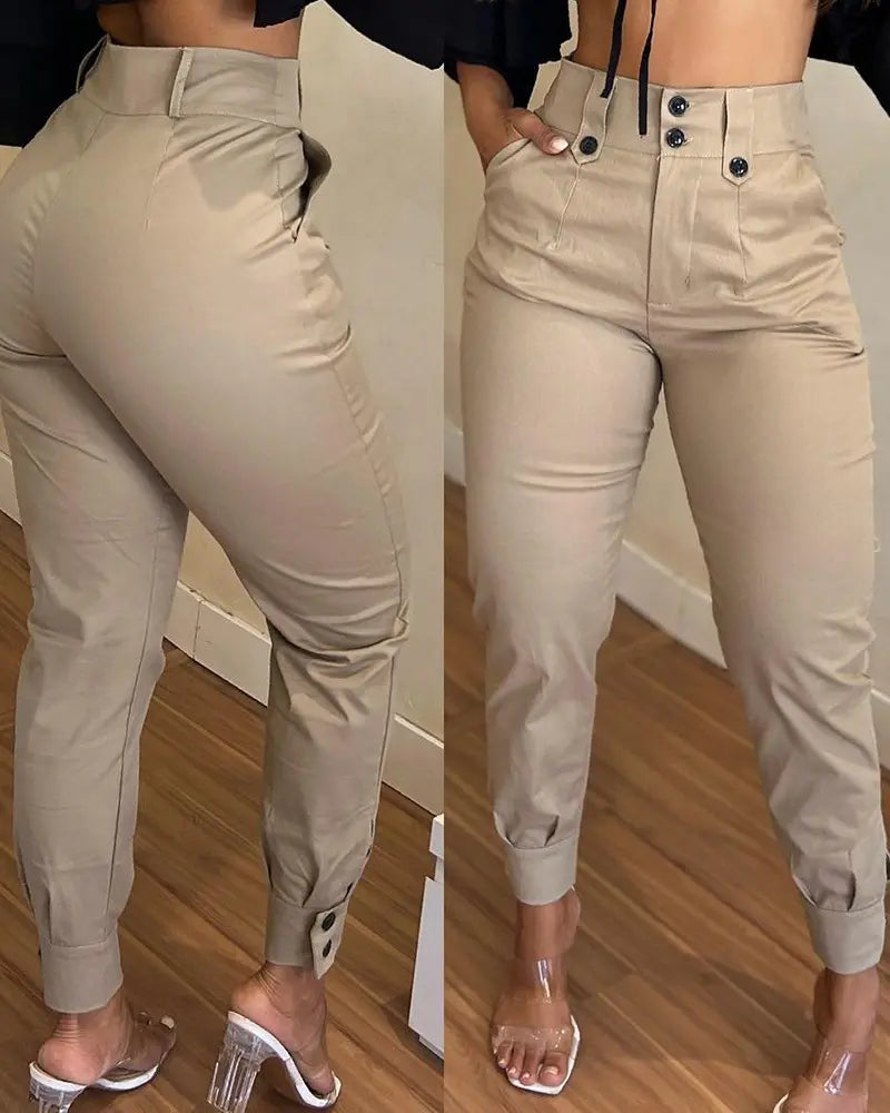 NEW High Waist Buttoned Pocket Design Cargo Pants