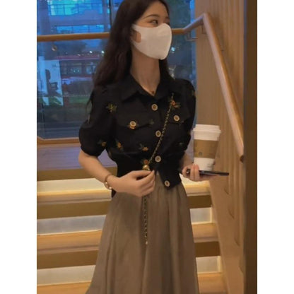 Small Suit Skirt for Women 2022 Summer New Embroidery Top French High Waist A- line Skirt Two-Piece Suit