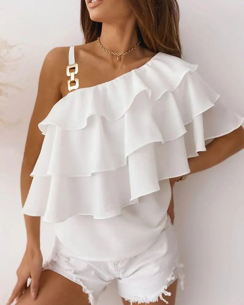 NEW Layered Ruffles One Shoulder Chain Strap Top