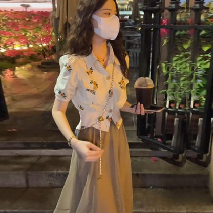 Small Suit Skirt for Women 2022 Summer New Embroidery Top French High Waist A- line Skirt Two-Piece Suit