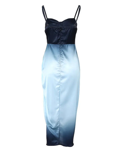 Ombre Ruched High Split Satin Dress