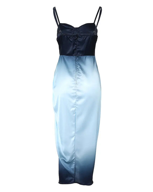 Ombre Ruched High Split Satin Dress