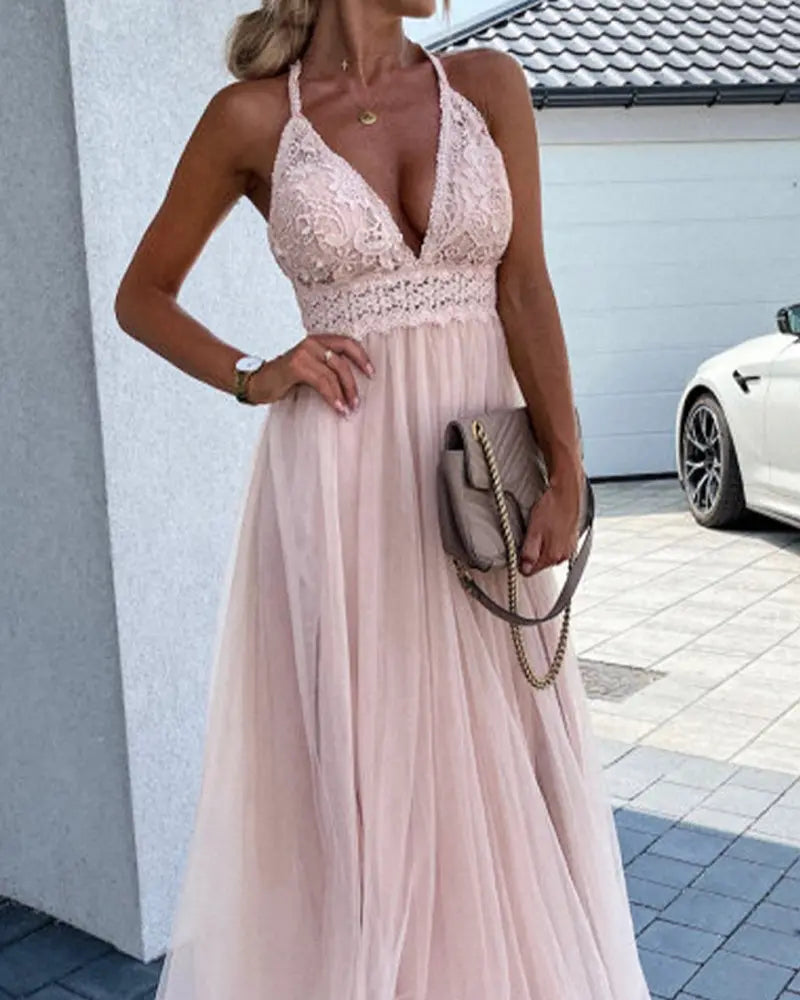 Halter Backless Crochet Lace Mesh Prom Dress