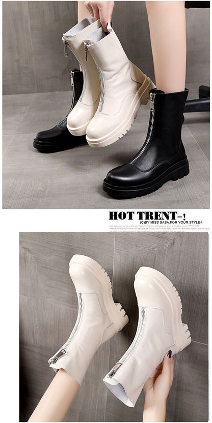 马丁靴女英伦风2020新款秋冬前拉链增高百搭ins网红瘦瘦短靴厚底