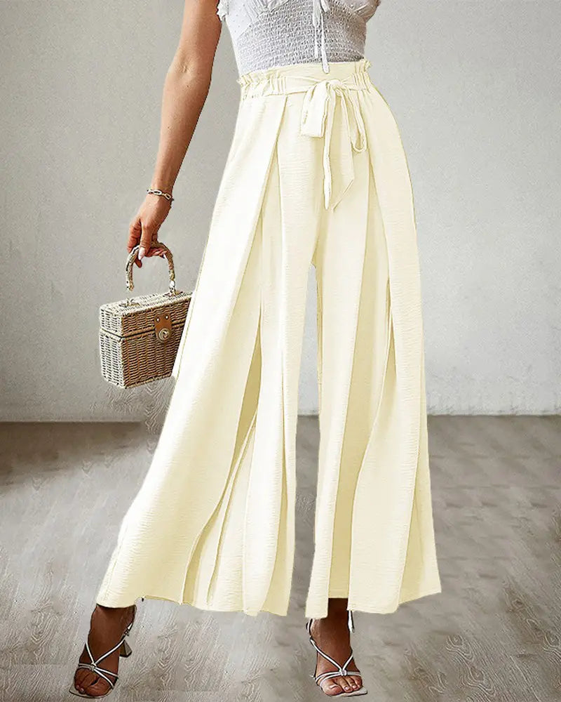 NEW Tie Front Pleated Design Wide Leg Pants