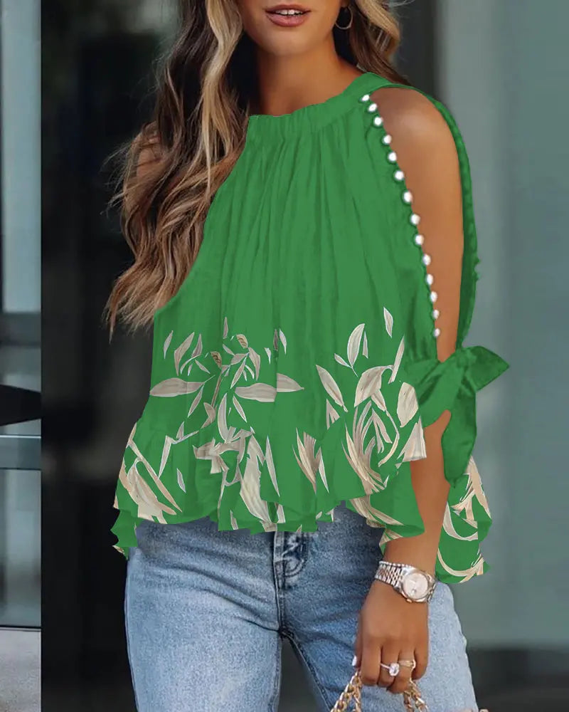 Plants Print Beaded Decor Split Sleeve Top