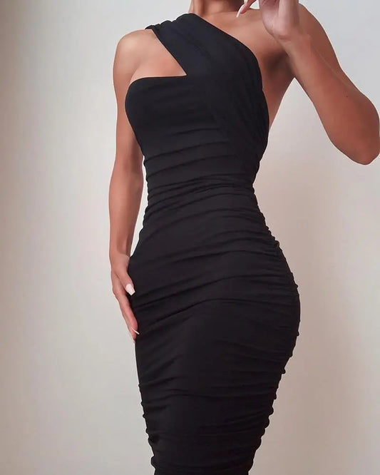 One Shoulder Sleeveless Ruched Party Dress