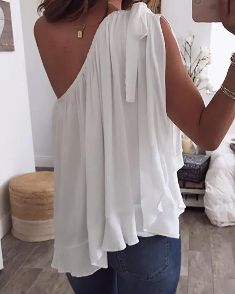 One Shoulder Tied Ruffles Hem Loose Blouse