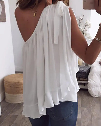 One Shoulder Tied Ruffles Hem Loose Blouse