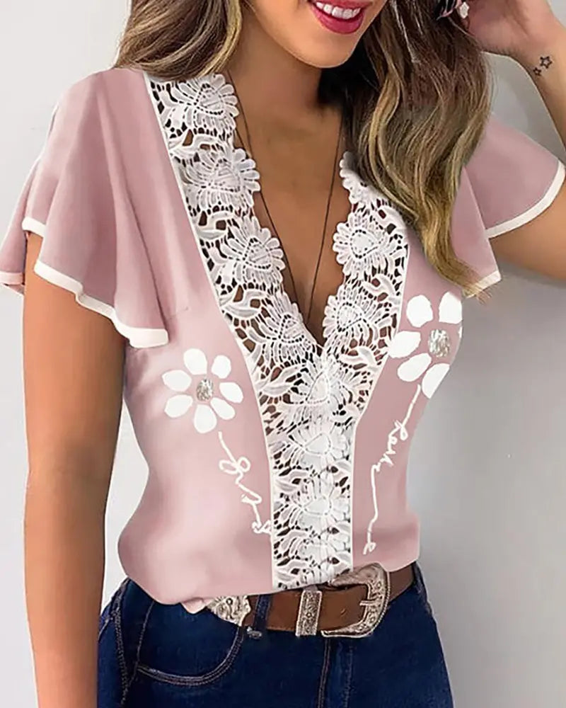 NEW Ruffles Hem Contrast Lace Trim Top