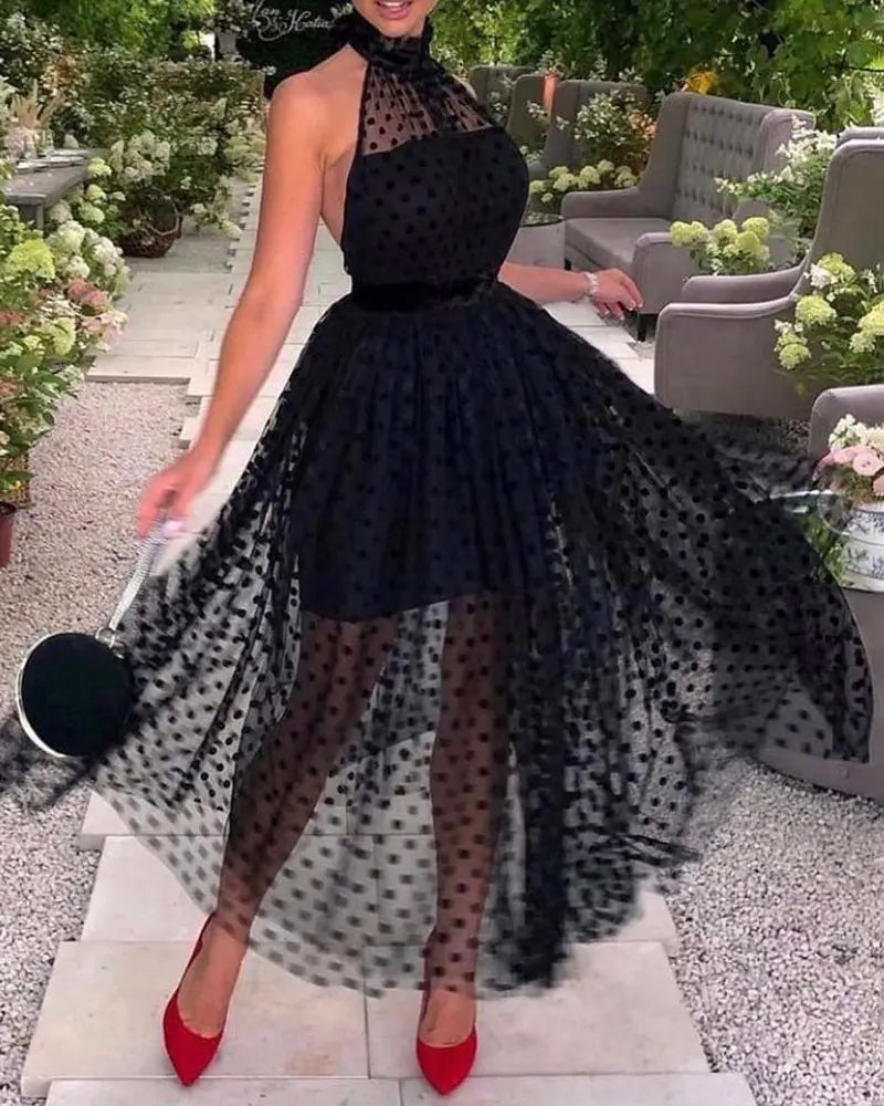 Halter Backless Dot Mesh Prom Dress
