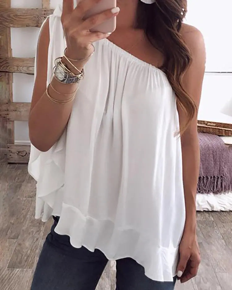 One Shoulder Tied Ruffles Hem Loose Blouse