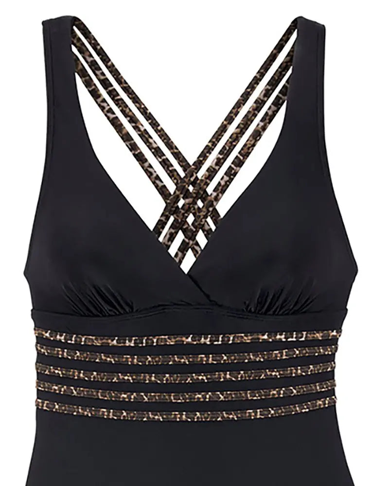 V Neck Leopard Print Crisscross One Piece Swimsuit