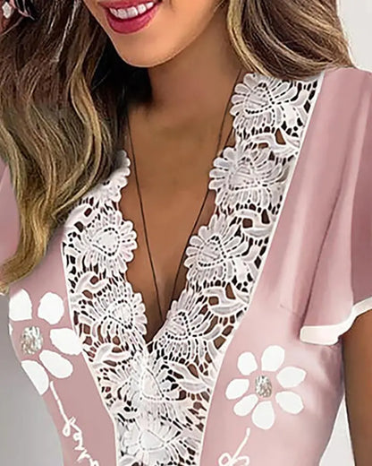 NEW Ruffles Hem Contrast Lace Trim Top