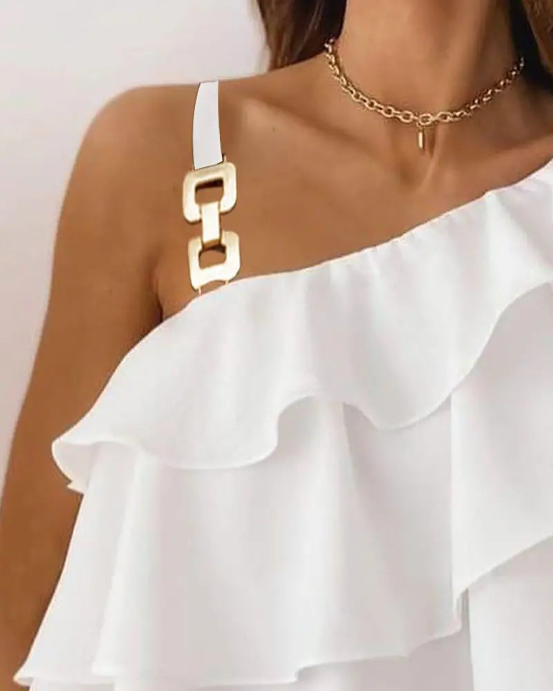 NEW Layered Ruffles One Shoulder Chain Strap Top