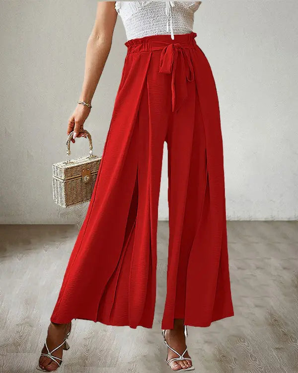 NEW Tie Front Pleated Design Wide Leg Pants