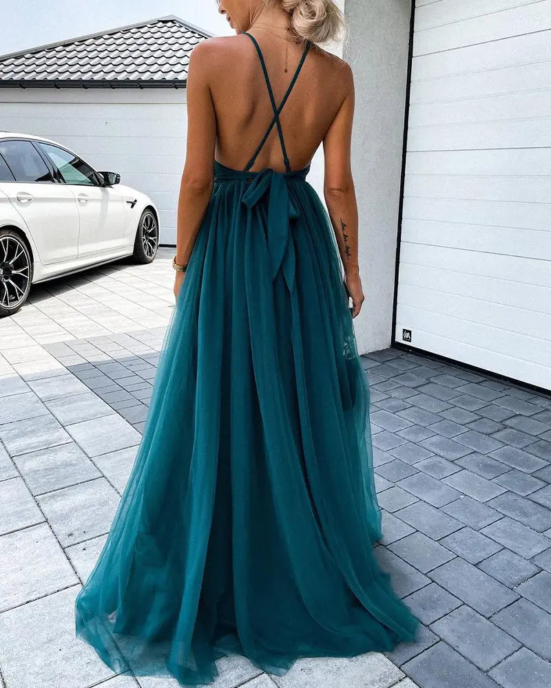 Halter Backless Crochet Lace Mesh Prom Dress