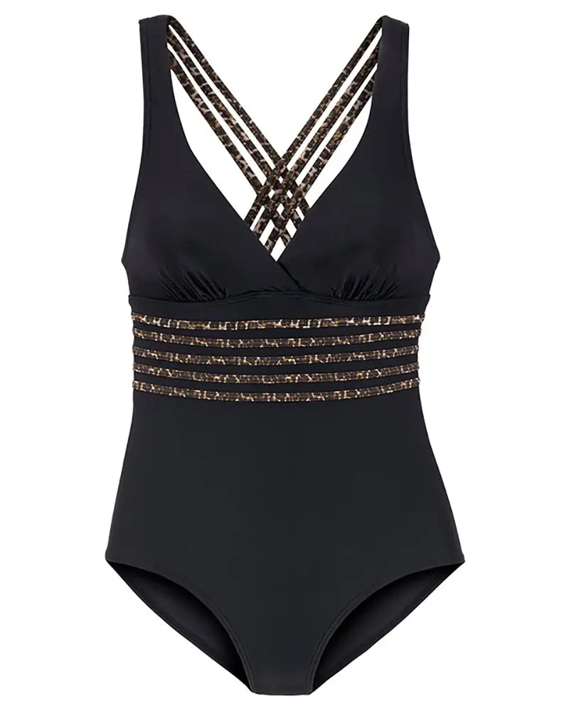 V Neck Leopard Print Crisscross One Piece Swimsuit