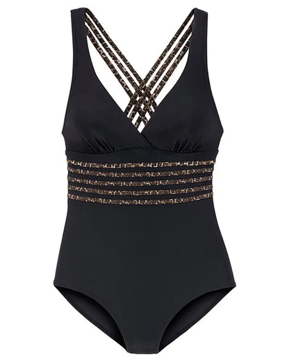 V Neck Leopard Print Crisscross One Piece Swimsuit