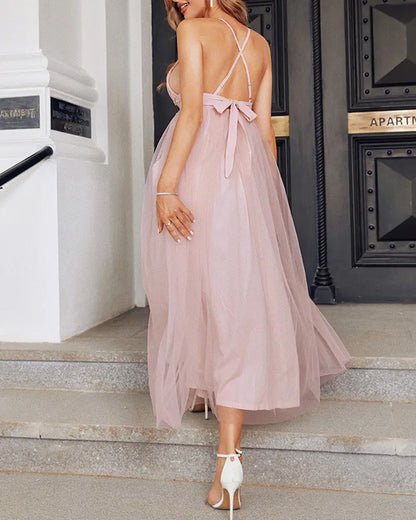 Halter Backless Crochet Lace Mesh Prom Dress