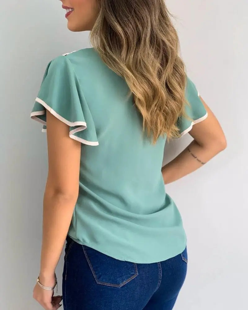 NEW Cutout Ruffles Sleeve Contrast Binding Top