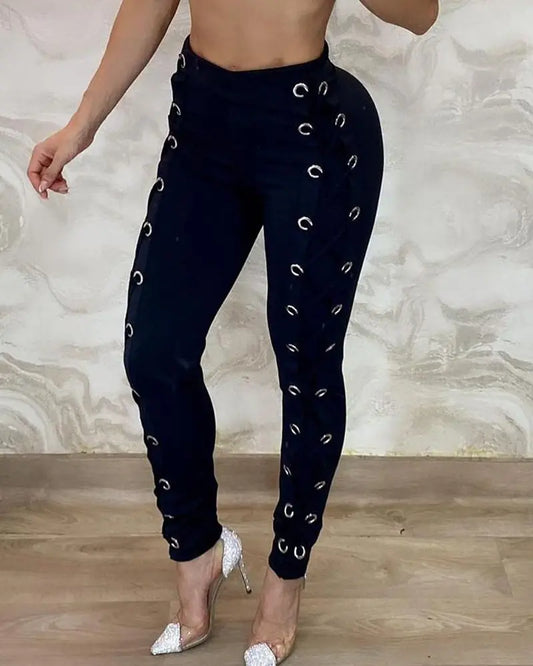 NEW High Waist Eyelet Lace-Up Pants