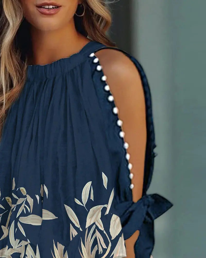 Plants Print Beaded Decor Split Sleeve Top