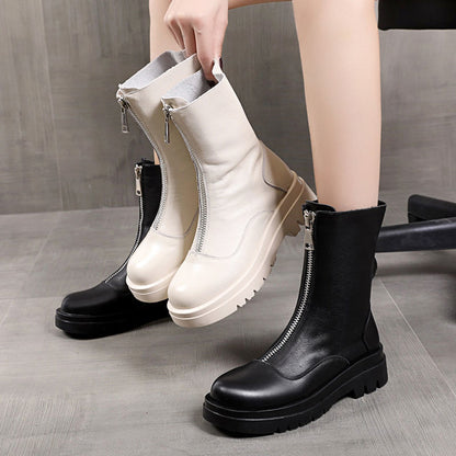 马丁靴女英伦风2020新款秋冬前拉链增高百搭ins网红瘦瘦短靴厚底