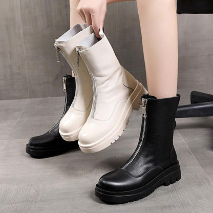 马丁靴女英伦风2020新款秋冬前拉链增高百搭ins网红瘦瘦短靴厚底