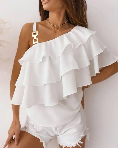 NEW Layered Ruffles One Shoulder Chain Strap Top