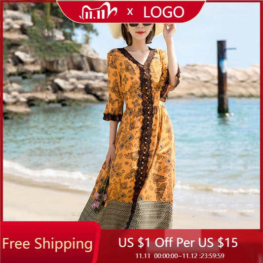 有口袋真丝连衣裙2021夏季新款优雅时尚V领喇叭袖套头桑蚕丝裙子