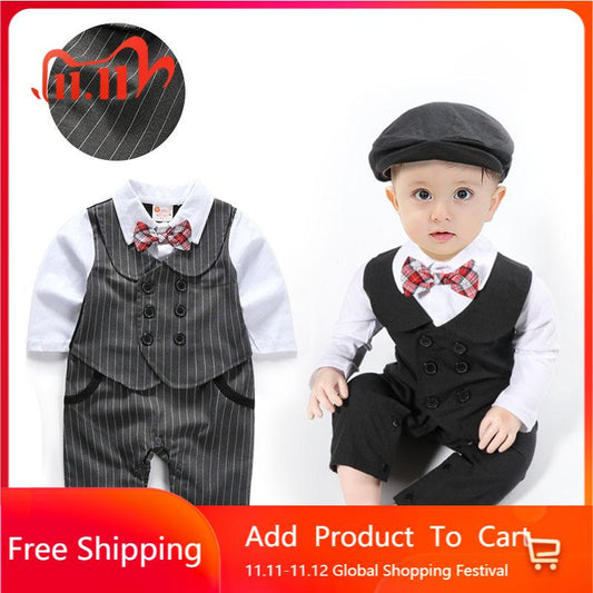 跨境工厂ins爆款童装婴儿连体衣秋季爬服绅士蝴蝶结宝宝哈衣帽子