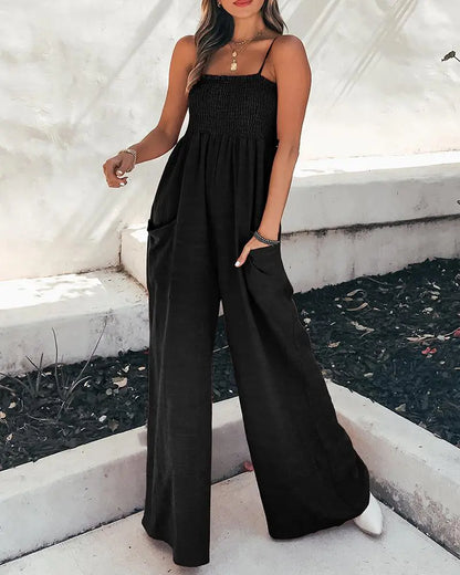 NEW Spaghetti Strap Plain Shirred Wide Leg Jumpsuit