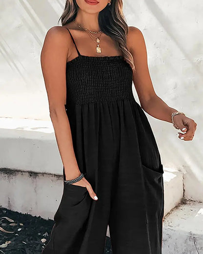 NEW Spaghetti Strap Plain Shirred Wide Leg Jumpsuit