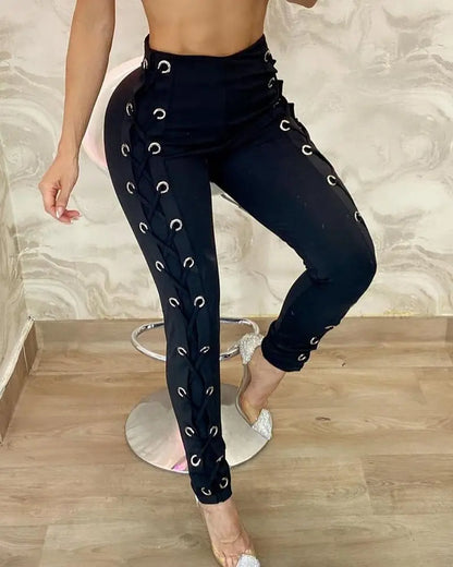 NEW High Waist Eyelet Lace-Up Pants
